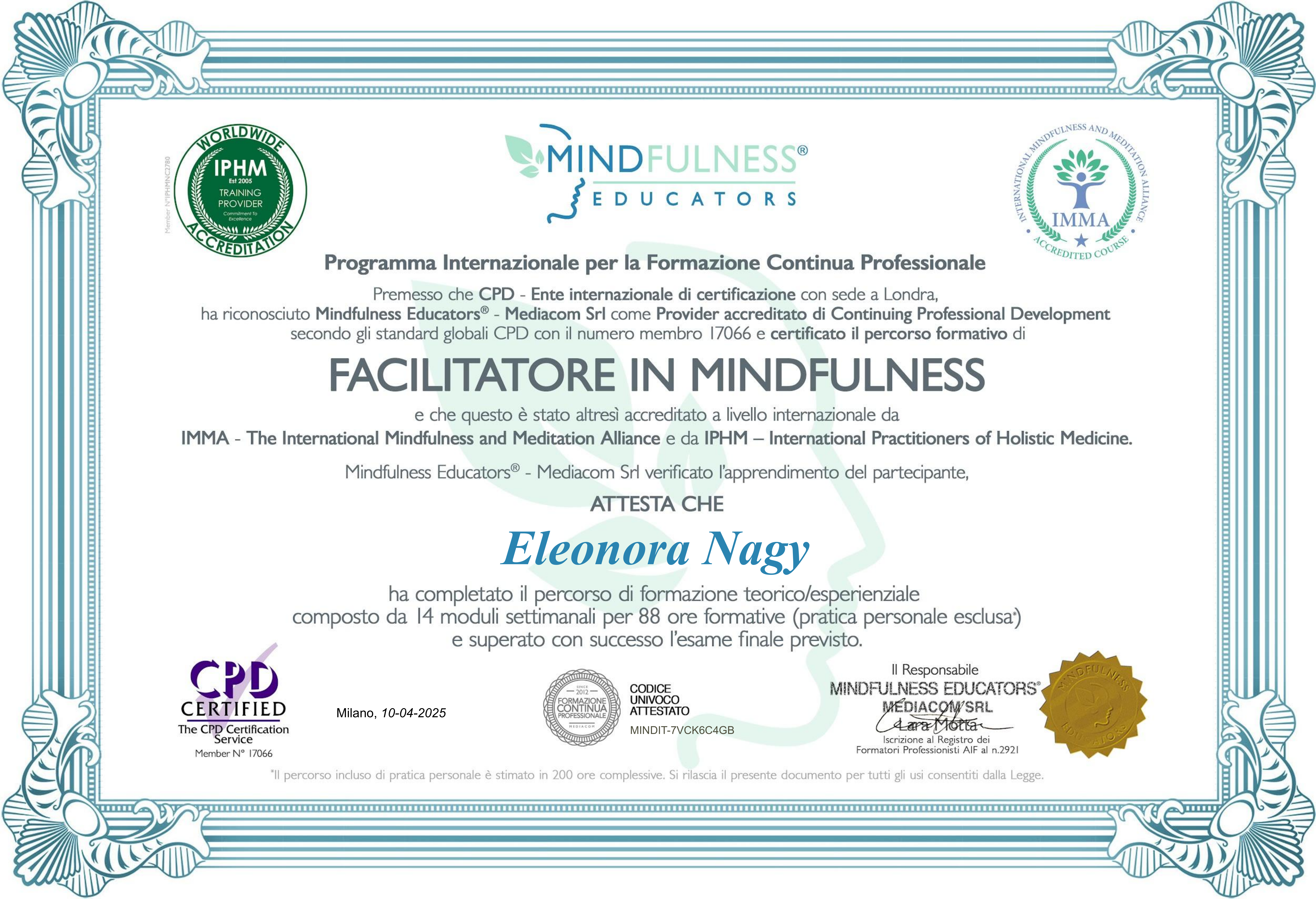 Certificato Mindfulness Educators - Facilitatore Mindfulness - Eleonora Nagy
