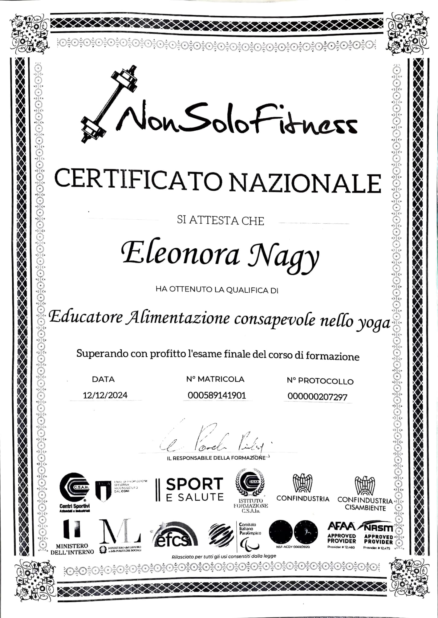 Certificato NonSoloFitness - Educatore Alimentazione Yoga - Eleonora Nagy