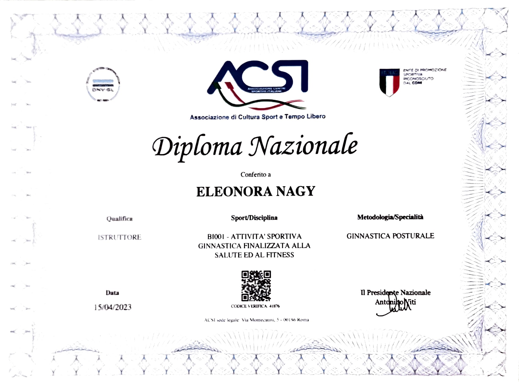 Diploma Nazionale ACSI - Ginnastica Posturale - Eleonora Nagy