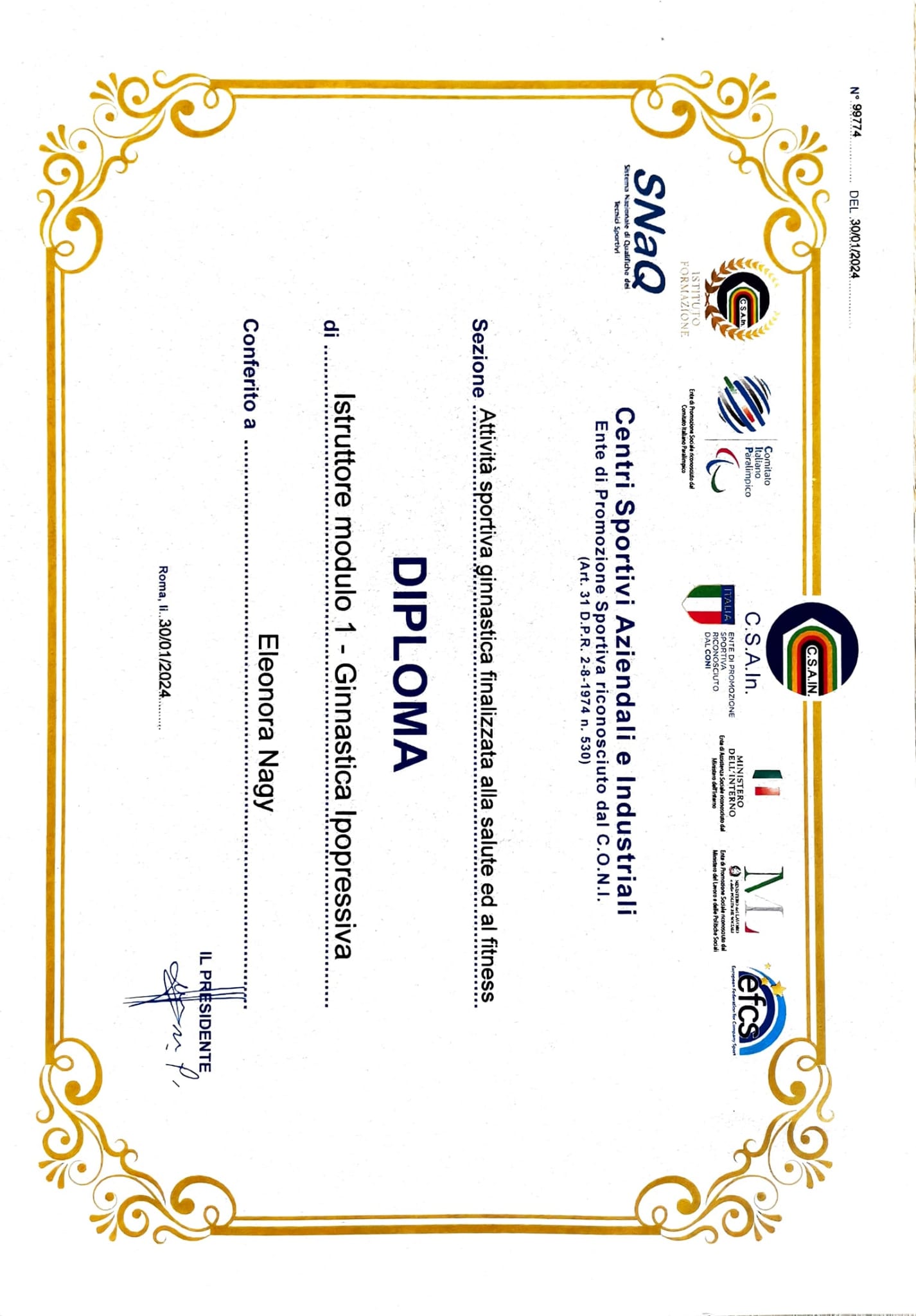 Diploma SNAQ - Istruttore Ginnastica Posturale - Eleonora Nagy